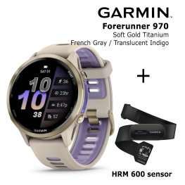 GARMIN Forerunner 970, Soft Gold Titanium, French Gray/Translucent Indigo + HRM 600 спортивные часы