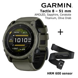 GARMIN Tactix 8 – 51 mm, AMOLED, Sapphire, Cerakote, Titanium, Olive + HRM 600 Sensor sporta pulkstenis