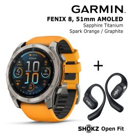 GARMIN Fenix 8 51 mm, AMOLED, Sapphire Titanium + SHOKZ Open Fit Black спортивные часы