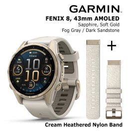 GARMIN Fenix 8 43 mm, AMOLED, Sapphire Soft Gold + Cream Heathered Nylon Band спортивные часы