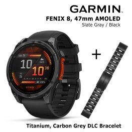 GARMIN Fenix 8 47 mm, AMOLED, Slate Gray + Titanium Bracelet Carbon Grey DLC, QuickFit 22mm спортивные часы