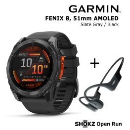 GARMIN Fenix 8 51 mm, AMOLED, Slate Gray + SHOKZ Open Run Black спортивные часы