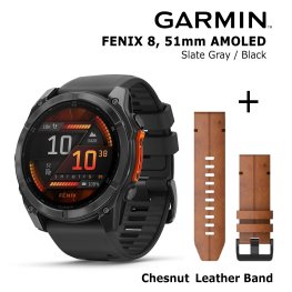 GARMIN Fenix 8 51 mm, AMOLED, Slate Gray + Chestnut Leather Band спортивные часы