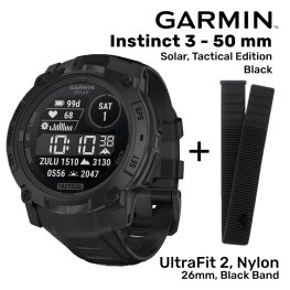 GARMIN Instinct 3 - 50 mm, Solar, Tactical Edition, Black + UltraFit 2, Nylon, 26mm, Black sporta pulkstenis