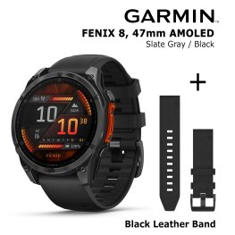GARMIN Fenix 8 47 mm, AMOLED, Slate Gray + Black Leather Watch Band, QuickFit 22mm спортивные часы