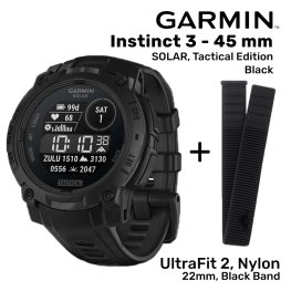 GARMIN Instinct 3 - 45 mm, Solar, Tactical Black + UltraFit 2, Nylon, 22mm, Black Band sporta pulkstenis