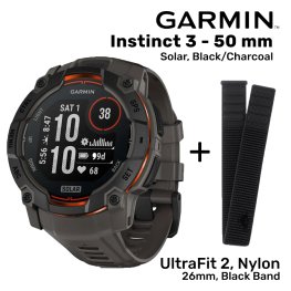 GARMIN Instinct 3 - 50 mm, Solar, Black/Charcoal + Garmin UltraFit 2, Nylon, 26mm, Black B sporta pulkstenis