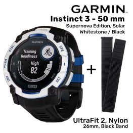 GARMIN Instinct 3 – 50 mm, Supernova Edition, Solar, Whitestone + UltraFit 2, Nylon, 26mm, Black sporta pulkstenis