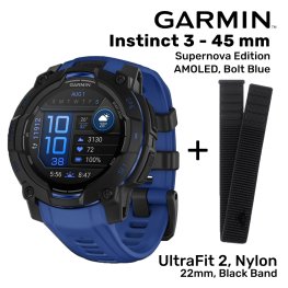GARMIN Instinct 3 – 45 mm, Supernova, AMOLED, Bolt blue + UltraFit 2, Nylon, 22mm, Black Band sporta pulkstenis