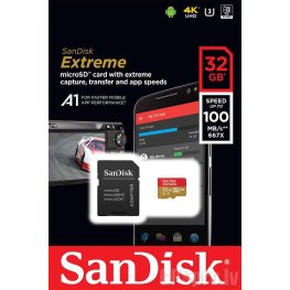 SANDISK Extreme microSDHC 32GB + SD Adapter + Rescue Pro Deluxe 100MB/s A1 C10 V30 UHS-I U3 atmiņas karte