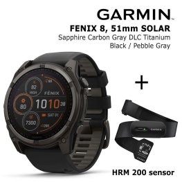 GARMIN Fenix 8 51 mm, Solar, Sapphire Carbon + Garmin HRM 200 Sensor спортивные часы