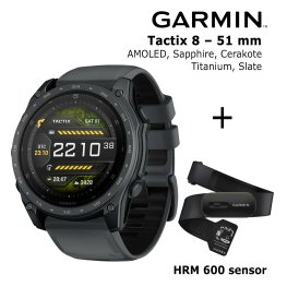 GARMIN Tactix 8 – 51 mm, AMOLED, Sapphire, Cerakote, Titanium, Slate grey + HRM 600 Sensor sporta pulkstenis