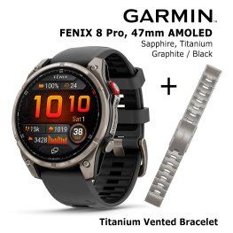 GARMIN fēnix® 8 Pro – 47 mm, AMOLED, Sapphire, Ti + 22mm Vented Titanium Bracelet sporta pulkstenis
