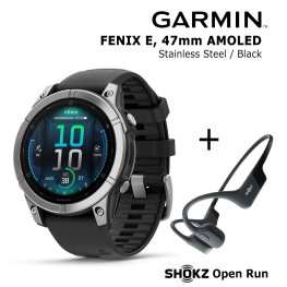 GARMIN Fenix E 47 mm, AMOLED, Stainless Steel + SHOKZ Open Run Black спортивные часы
