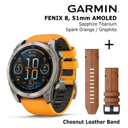 GARMIN Fenix 8 51 mm, AMOLED, Sapphire Titanium + Chesnut Leather Band спортивные часы