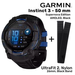 GARMIN Instinct 3 – 50 mm, Supernova Edition, AMOLED, Black + UltraFit 2, Nylon, 26mm, Black Band sporta pulkstenis