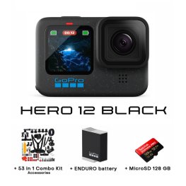 GOPRO HERO12 Black + GoPro Enduro Battery + MicroSD 128 GB + 53 in 1 Combo Kit Accessories sporta kamera