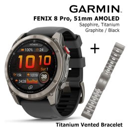 GARMIN fēnix® 8 Pro – 51 mm, AMOLED, Sapphire, Ti + 26mm Titanium Vented Bracelet sporta pulkstenis