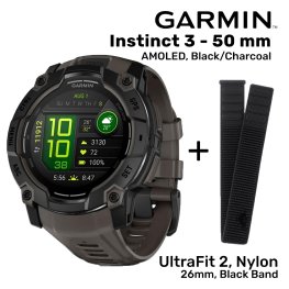 GARMIN Instinct 3 - 50 mm, AMOLED, Black/Charcoal + UltraFit 2, Nylon, 26mm, Black sporta pulkstenis