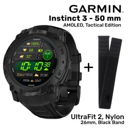 GARMIN Instinct 3 – 50 mm, AMOLED, Tactical Edition + UltraFit 2, Nylon, 26mm, Black Band sporta pulkstenis