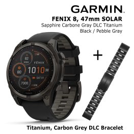 GARMIN Fenix 8 47 mm, Solar, Sapphire Carbon + Titanium Bracelet Carbon Grey DLC Coating, 22mm спортивные часы
