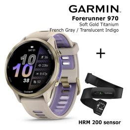 GARMIN Forerunner 970, Soft Gold Titanium, French Gray/Translucent Indigo + HRM 200 спортивные часы