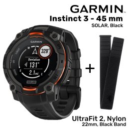 GARMIN Garmin Instinct 3 - 45 mm, Solar, Black + UltraFit 2, Nylon, 22mm, Black Band sporta pulkstenis