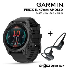GARMIN Fenix E 47 mm, AMOLED, Slate Gray Steel + SHOKZ Open Run Black спортивные часы