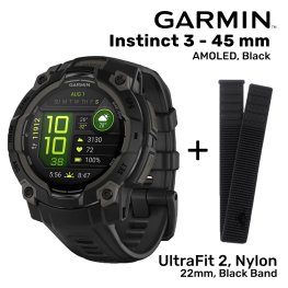 GARMIN Instinct 3 - 45 mm, AMOLED, Black + UltraFit 2, Nylon, 22mm, Black Band sporta pulkstenis