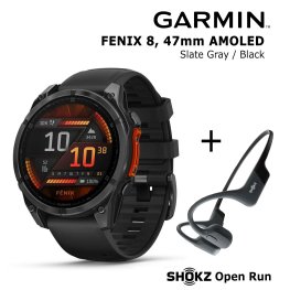 GARMIN Fenix 8 47 mm, AMOLED, Slate Gray + SHOKZ Open Run Black спортивные часы